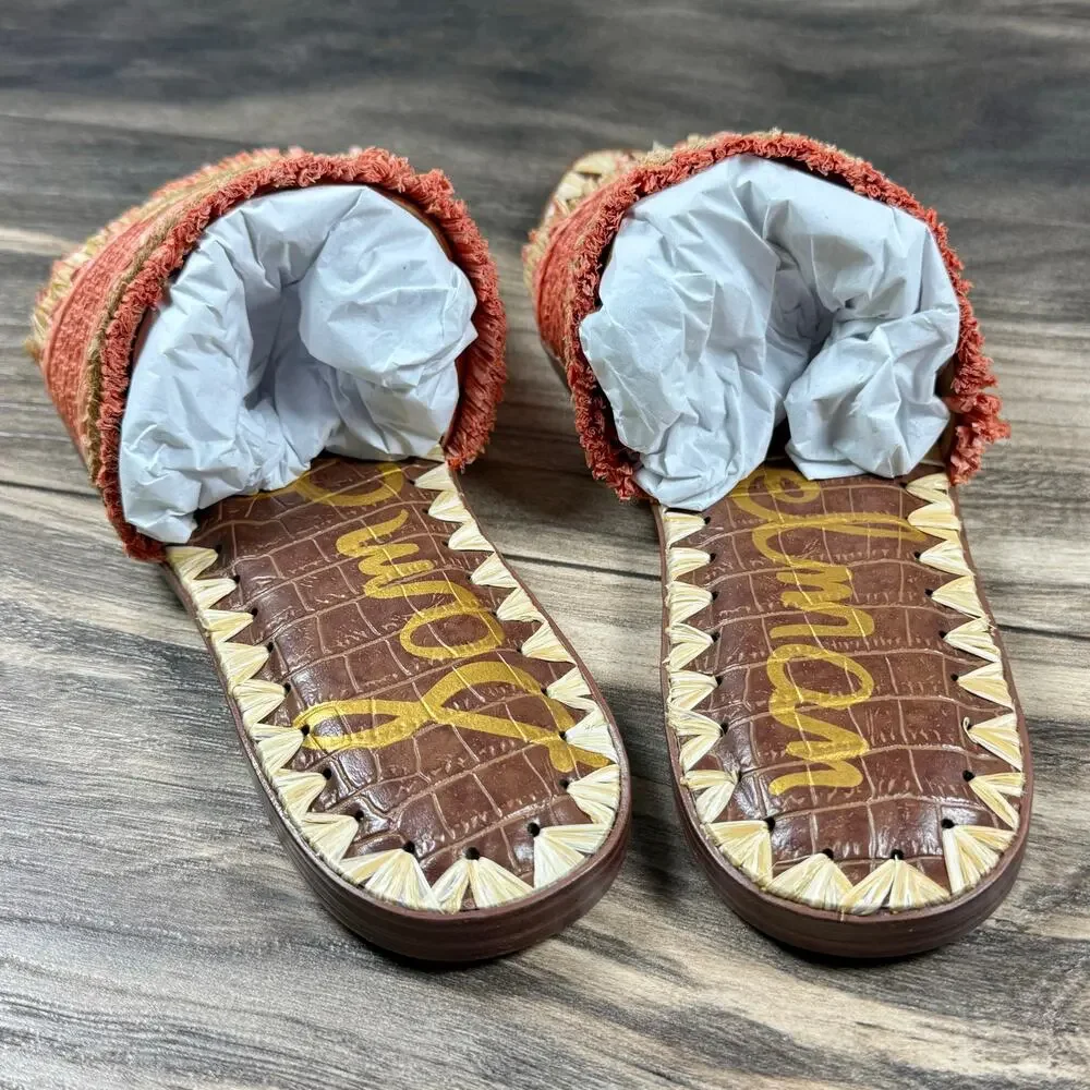 NIB Sam Edelman Georgia 7M Orange Raffia Flat Slide Sandals Resort Beach - Picture 8 of 12